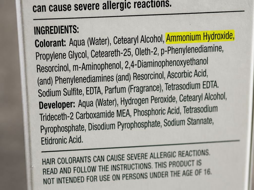 A typical hair dye ingredient list. The warning at the top — "can cause severe allergic reactions" — is legally required on these products for a reason.