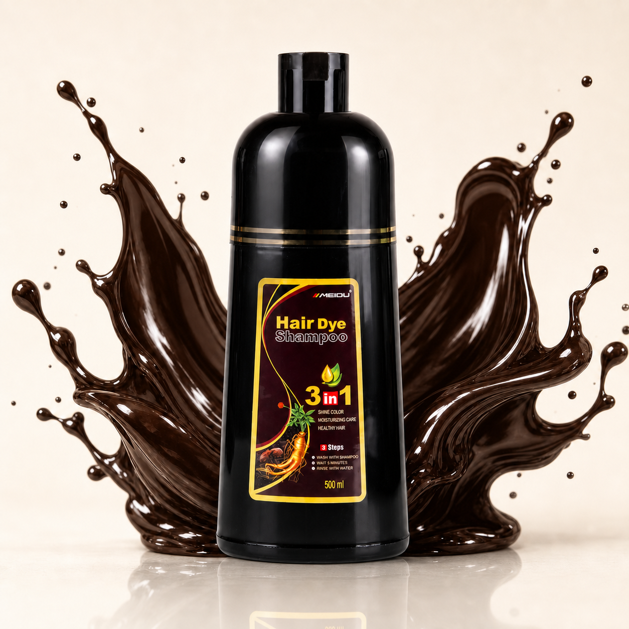 MEIDU 500ml hair dye shampoo bottle with dark liquid splash.
