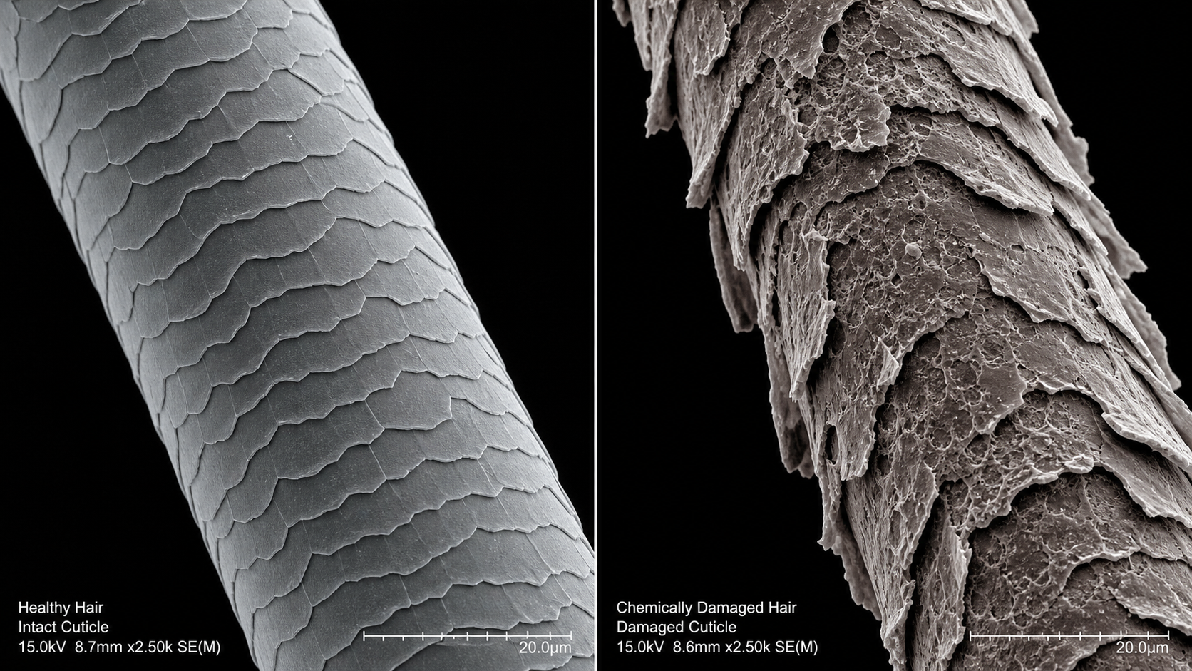Left: a healthy hair shaft with an intact cuticle. Right: the same structure after repeated exposure to ammonia and oxidative dye. Scanning electron microscope, 2,500x magnification.