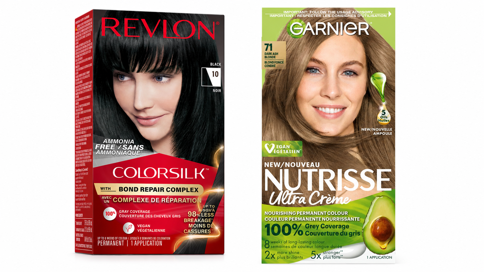 Revlon and Garnier box dye packaging.